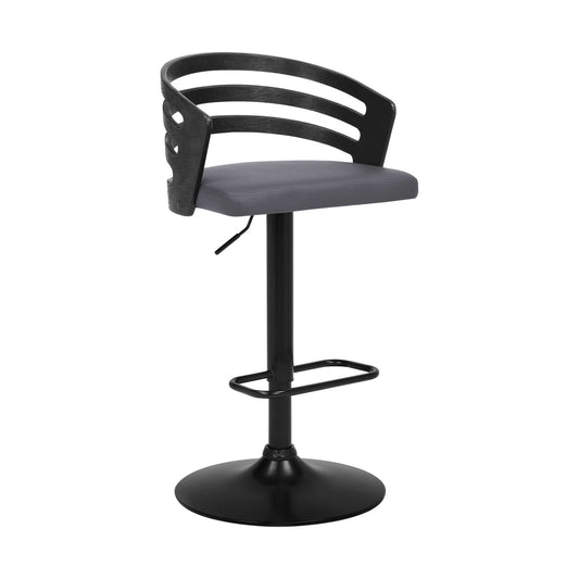 Armen Living Barstool Armen Living - Adele Adjustable Height Swivel Grey Faux Leather and Black Wood Bar Stool with Black Base | LCADBAGRBL