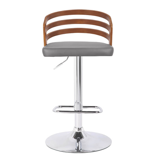 Armen Living Barstool Armen Living - Adele Adjustable Height Swivel Grey Faux Leather and Walnut Wood Bar Stool with Chrome Base | LCADSWBAGRWA