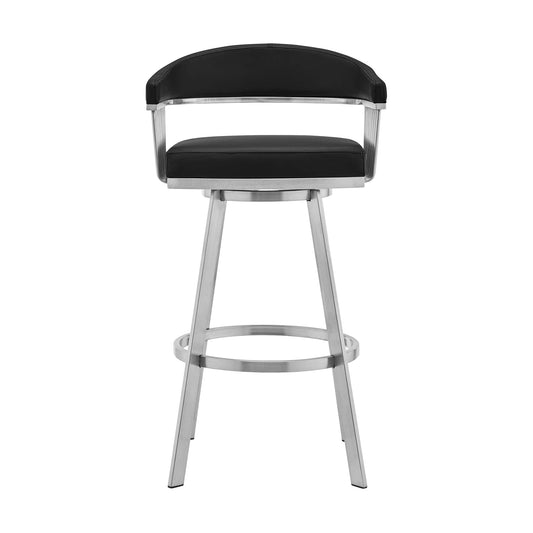 Armen Living Barstool Armen Living - Bronson 25" Black Faux Leather and Brushed Stainless Steel Swivel Bar Stool | 721535762200