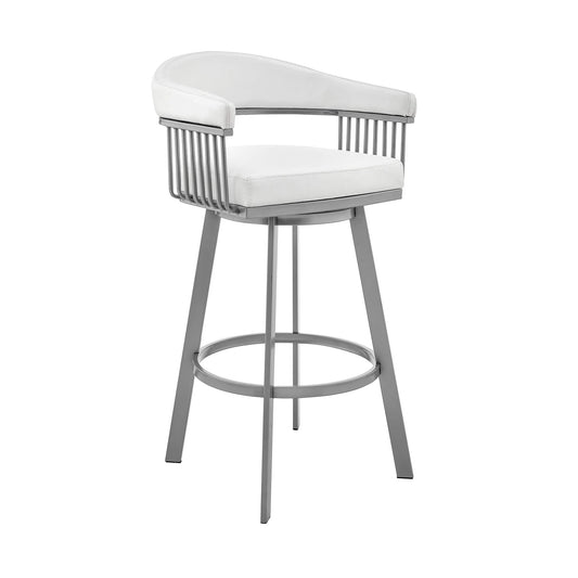 Armen Living Barstool Armen Living - Bronson 25" Counter Height Swivel Bar Stool in Silver Finish and White Faux Leather | 721535761906