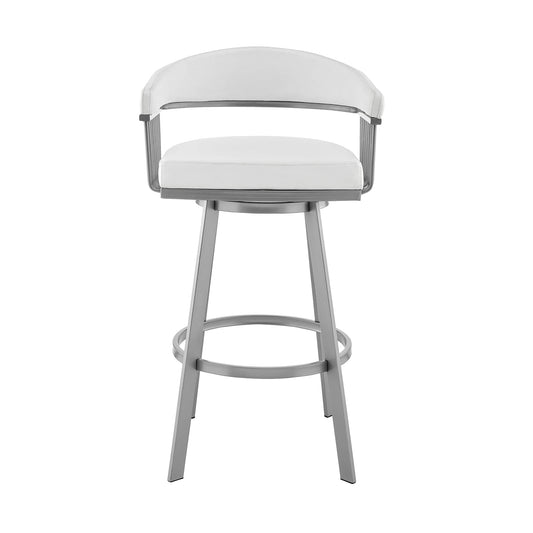 Armen Living Barstool Armen Living - Bronson 25" Counter Height Swivel Bar Stool in Silver Finish and White Faux Leather | 721535761906