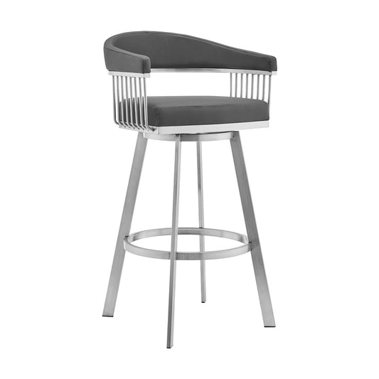 Armen Living Barstool Armen Living | Bronson 29" Gray Faux Leather and Brushed Stainless Steel Swivel Bar Stool | 721535762231