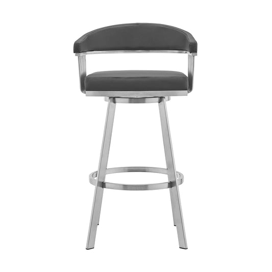 Armen Living Barstool Armen Living | Bronson 29" Gray Faux Leather and Brushed Stainless Steel Swivel Bar Stool | 721535762231