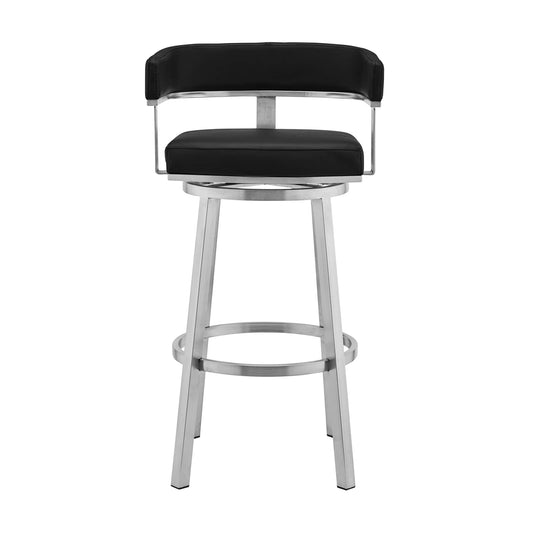 Armen Living Barstool Armen Living | Cohen 30" Black Faux Leather and Brushed Stainless Steel Swivel Bar Stool | 721535762156