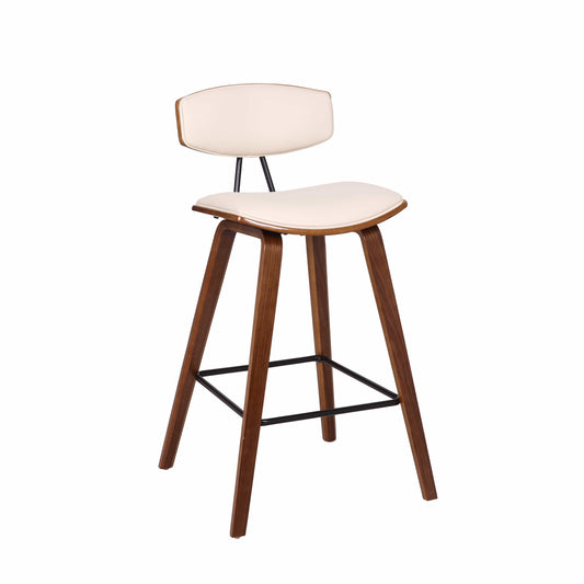 Armen Living Barstool Armen Living | Fox 25.5" Counter Height Cream Faux Leather and Walnut Wood Mid-Century Modern Bar Stool | LCFOBAWACR26