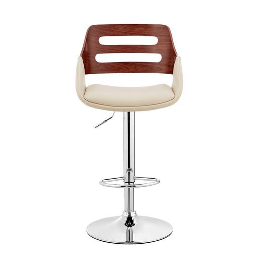 Armen Living Barstool Armen Living - Karter Adjustable Cream Faux Leather and Walnut Wood Bar Stool with Chrome Base | LCKTBAWACR