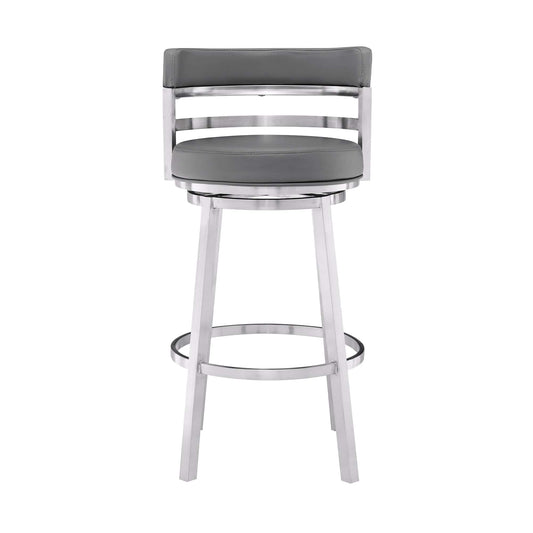 Armen Living Barstool Armen Living | Madrid 30" Bar Height Swivel Grey Faux Leather and Brushed Stainless Steel Bar Stool | LCMABABSGR30