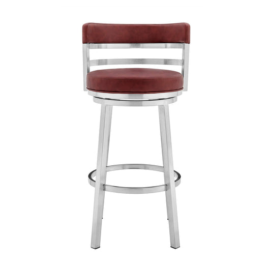 Armen Living Barstool Armen Living | Madrid 30" Bar Height Swivel Red Faux Leather and Brushed Stainless Steel Bar Stool | LCMABABSRED30