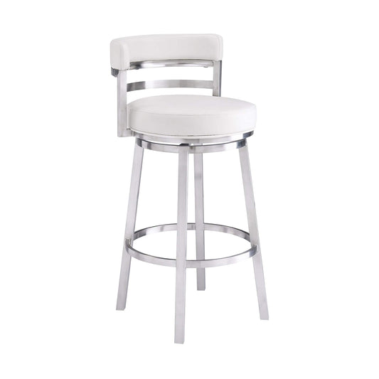 Armen Living Barstool Armen Living | Madrid 30" Bar Height Swivel White Faux Leather and Brushed Stainless Steel Bar Stool | LCMABABSWH30