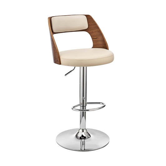 Armen Living Barstool Armen Living - Paulo Adjustable Swivel Cream Faux Leather and Walnut Wood Bar Stool with Chrome Base | LCPQBAWACR