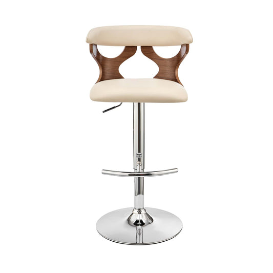 Armen Living Barstool Armen Living | Ruth Adjustable Swivel Cream Faux Leather and Walnut Wood Bar Stool with Chrome Base | LCRTBAWACR