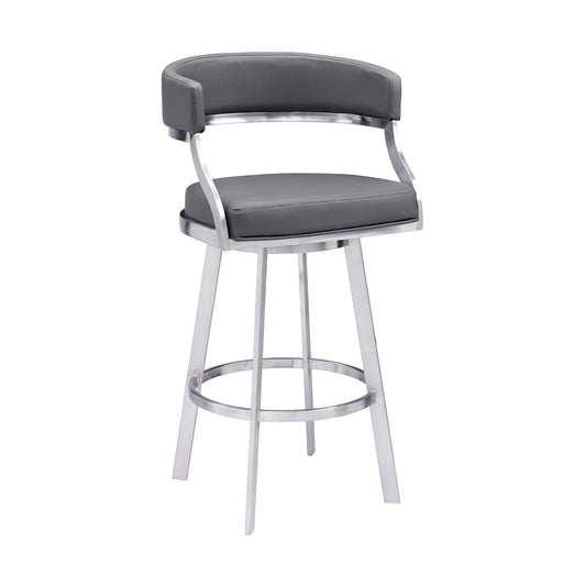 Armen Living Barstool Armen Living | Saturn 30" Bar Height Swivel Grey Faux Leather and Brushed Stainless Steel Bar Stool | LCSNBABSGR30