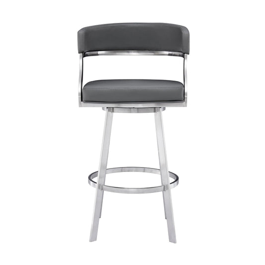 Armen Living Barstool Armen Living | Saturn 30" Bar Height Swivel Grey Faux Leather and Brushed Stainless Steel Bar Stool | LCSNBABSGR30