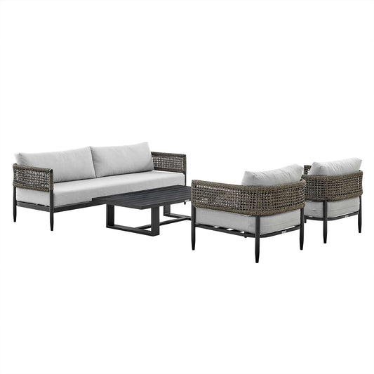 Armen Living Conversation Set Armen Living | Alegria 4 Piece Outdoor Black Aluminum & Rope Conversation Set with Light Gray Fabric Cushions | SETODALBL