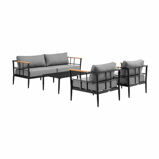 Armen Living Conversation Set Armen Living | Veyda Outdoor Patio 4-Piece Lounge Set in Aluminum with Teak Wood and Grey Cushions | SETODVYBL