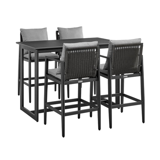 Armen Living Outdoor Bar Set Armen Living | Cayman Outdoor Patio 5-Piece Bar Table Set in Aluminum with Grey Cushions | SETODCA5BTBLGRY