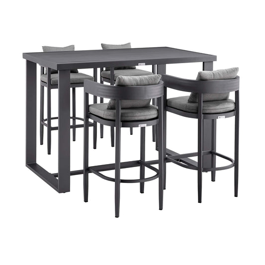 Armen Living Outdoor Bar Set Armen Living | Menorca Outdoor Patio 5-Piece Bar Table Set in Aluminum with Grey Cushions | SETODMQGR30
