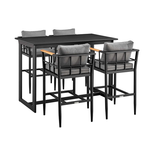 Armen Living Outdoor Bar Set Armen Living | Orlando Outdoor Patio 5-Piece Bar Table Set in Aluminum with Grey Cushions | SETODOR5BLGRY