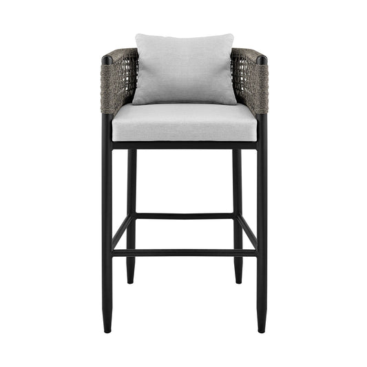 Armen Living Outdoor Bar Stool Armen Living | Alegria Outdoor Patio Counter Height Bar Stool in Aluminum with Grey Rope and Cushions | LCAFBABL26