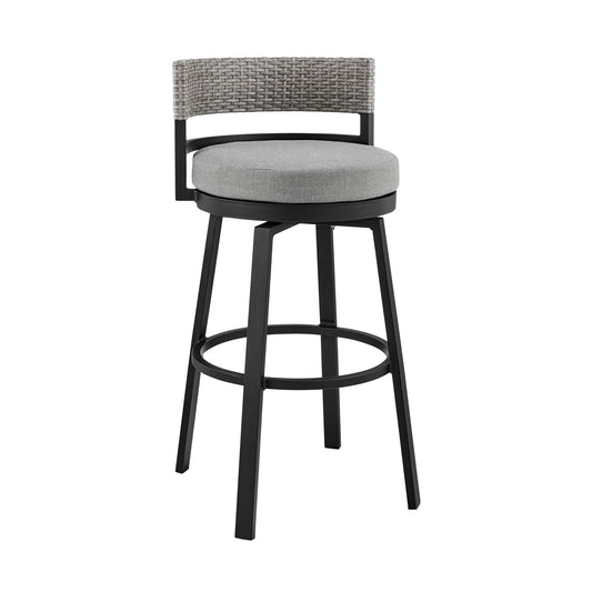 Armen Living Outdoor Bar Stool Armen Living | Encinitas Outdoor Patio Counter Height Swivel Bar Stool in Aluminum and Wicker with Grey Cushions | LCECBAGR26