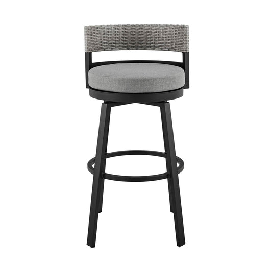 Armen Living Outdoor Bar Stool Armen Living | Encinitas Outdoor Patio Counter Height Swivel Bar Stool in Aluminum and Wicker with Grey Cushions | LCECBAGR26