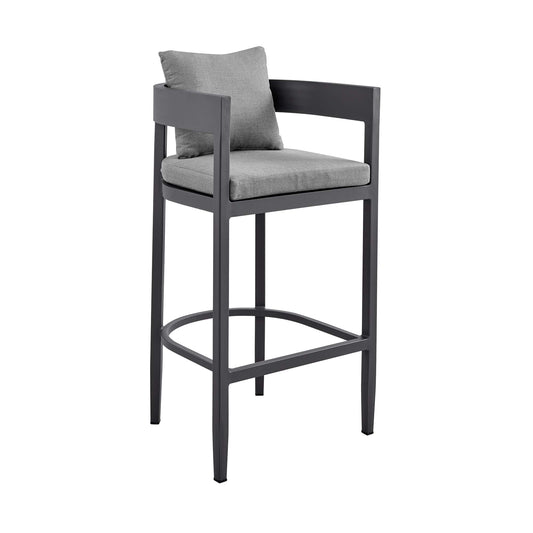 Armen Living Outdoor Bar Stool Armen Living | Menorca Outdoor Patio Counter Height Bar Stool in Aluminum with Grey Cushions | LCMQBAGR26