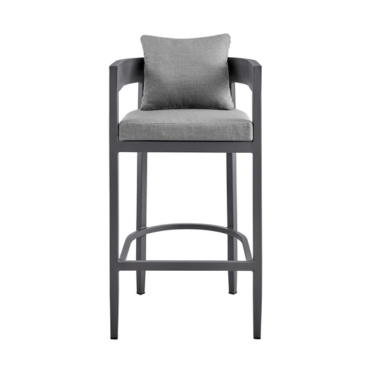 Armen Living Outdoor Bar Stool Armen Living | Menorca Outdoor Patio Counter Height Bar Stool in Aluminum with Grey Cushions | LCMQBAGR26