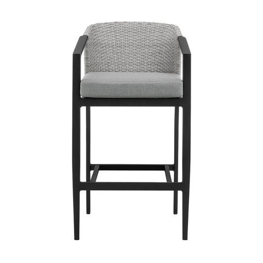 Armen Living Outdoor Bar Stool Armen Living | Palma Outdoor Patio Counter Height Bar Stool in Aluminum and Wicker with Grey Cushions | LCPFBAGR26