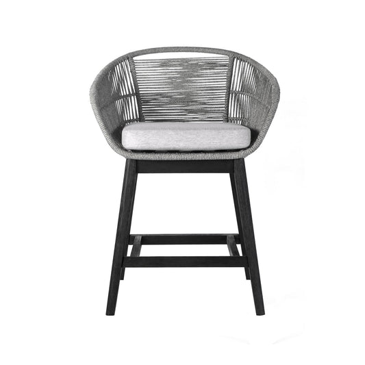 Armen Living Outdoor Bar Stool Armen Living | Tutti Frutti Indoor Outdoor Counter Height Bar Stool in Black Brushed Wood with Grey Rope | LCTFBAGRBL26