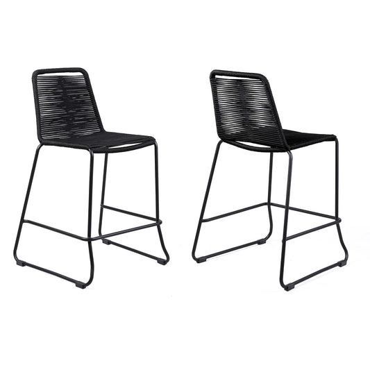 Armen Living Outdoor Bar Stools Armen Living | Shasta 26" Outdoor Metal and Black Rope Stackable Counter Stool - Set of 2 | LCSTBABLBLK26