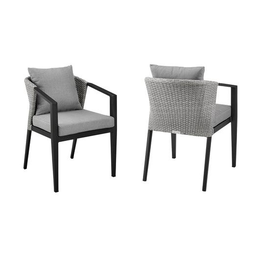 Armen Living Outdoor Dining Chair Armen Living | Palma Outdoor Patio Dining Chairs in Aluminum and Wicker with Grey Cushions - Set of 2 | LCPFSIGR