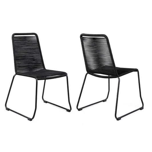 Armen Living Outdoor Dining Chair Armen Living | Shasta Outdoor Metal and Black Rope Stackable Dining Chair - Set of 2 | LCSHSIBLK