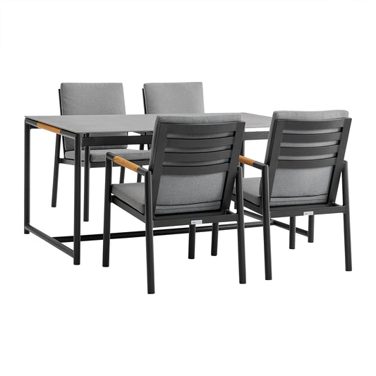 Armen Living Outdoor Dining Set Armen Living | Crown 5 Piece Black Aluminum and Teak Outdoor Dining Set with Dark Gray Fabric | SETODCRDIBL5