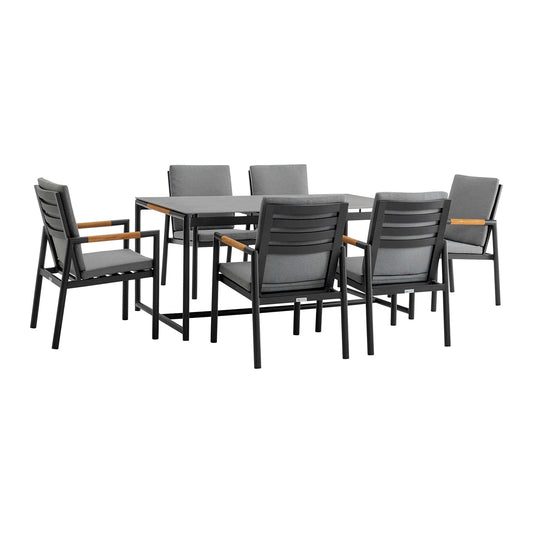 Armen Living Outdoor Dining Set Armen Living | Crown 7 Piece Black Aluminum and Teak Outdoor Dining Set with Dark Gray Fabric | SETODCRDIBL7