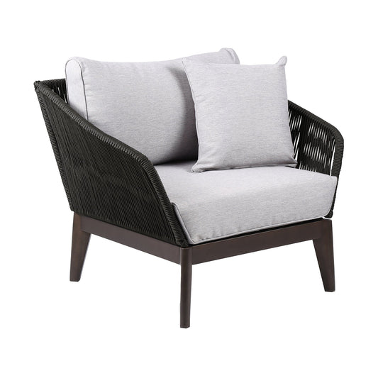 Armen Living Outdoor Lounge Chair Armen Living | Athos Indoor Outdoor Club Chair in Dark Eucalyptus Wood with Latte Rope and Grey Cushions | LCATCHWDDK