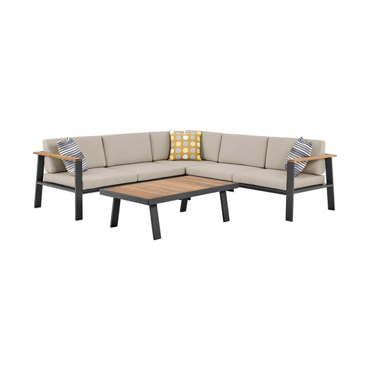 Armen Living Outdoor Sectional Set Armen Living | Nofi Outdoor Patio Sectional Set in Charcoal Finish with Taupe Cushions and Teak Wood | SETODNOSEBE