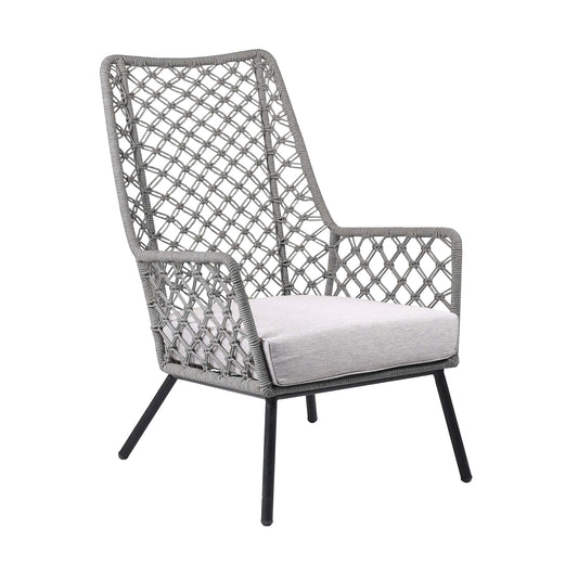 Armen Living Outdoor Side Chair Armen Living | Marco Indoor Outdoor Steel Lounge Chair with Grey Rope and Grey Cushion | LCMPCHGRY