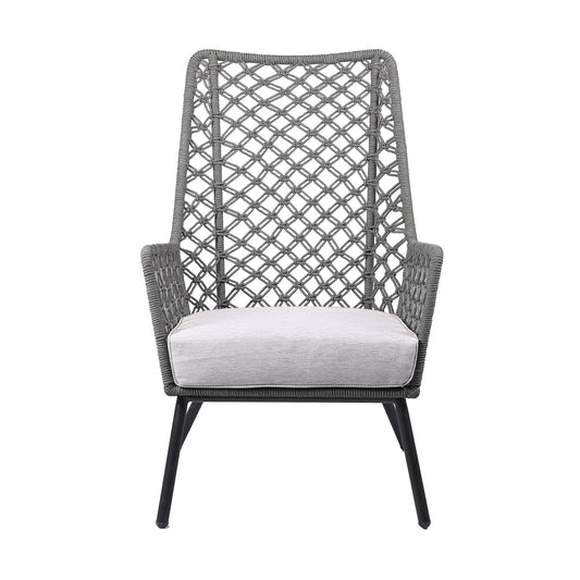 Armen Living Outdoor Side Chair Armen Living | Marco Indoor Outdoor Steel Lounge Chair with Grey Rope and Grey Cushion | LCMPCHGRY