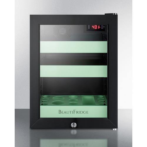 BEAUTIFRIDGE All-Refrigerators BeautiFridge 14" 0.85 cu.ft. Black with Glossy Mint Green Trays & Glass Door Cosmetics Refrigerator