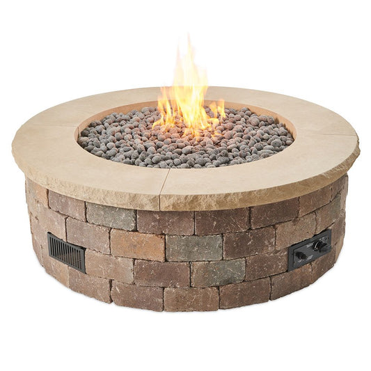 Outdoor Greatroom - Limestone Tan Concrete Top for Bronson Block Round Gas Fire Pit Kit (4 pieces) - BRON52-LT-TC-K