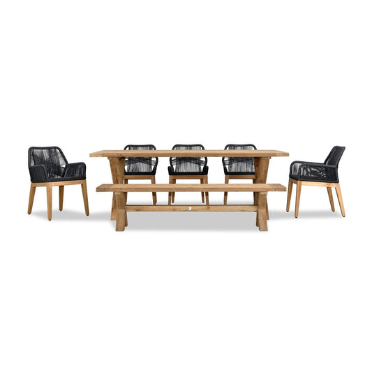 Harmonia Living - Carl Fields 8 Seat Reclaimed Teak and Rope Dining Set w/ Bench | CARL-TK-SET580