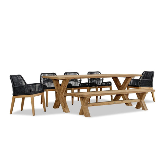 Harmonia Living - Carl Fields 8 Seat Reclaimed Teak and Rope Dining Set w/ Bench | CARL-TK-SET580