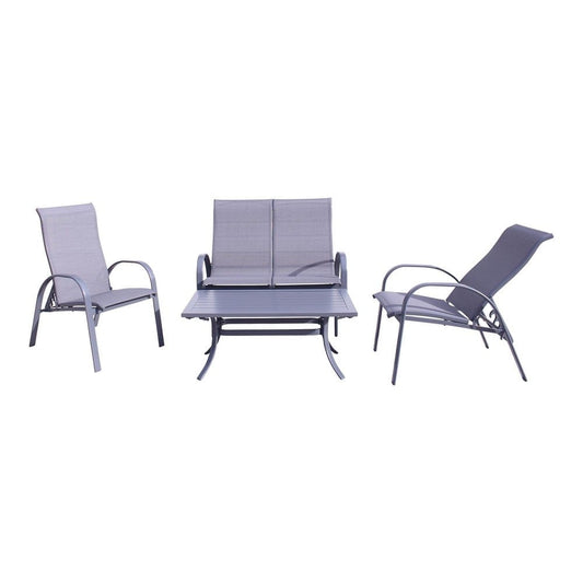 Courtyard Casual Conversation Set Courtyard Casual - Santa Fe Dark Gray 4 Piece Loveseat Glider Set with 1 Loveseat Glider, 2 Reclining Sling Chairs and 1 Rectangle Coffee Table | 5576