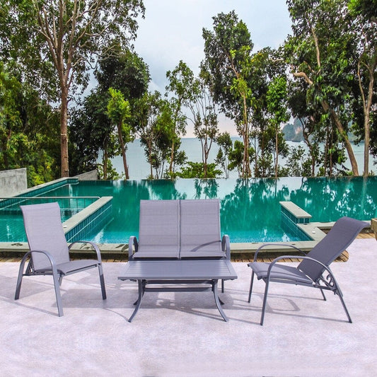 Courtyard Casual Conversation Set Courtyard Casual - Santa Fe Dark Gray 4 Piece Loveseat Glider Set with 1 Loveseat Glider, 2 Reclining Sling Chairs and 1 Rectangle Coffee Table | 5576