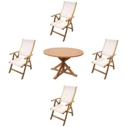 Courtyard Casual Courtyard Casual - Heritage Teak Flag Leg 48" Dining Table with 4 Sling Recline Arm Chair 5 Piece Set | 5473
