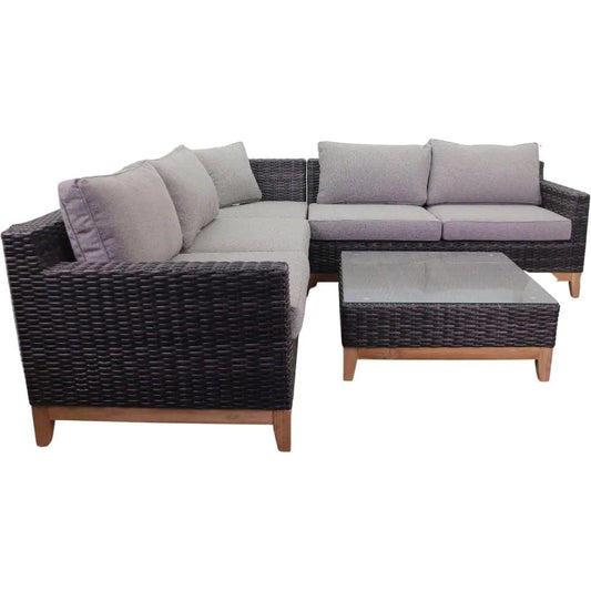 Courtyard Casual Courtyard Casual - Maywood Silver Oak with Teak 4 Piece Sectional Set with 1 Left Loveseat, 1 Right Loveseat, 1 Corner Chair and 1 Coffee Table | 5852