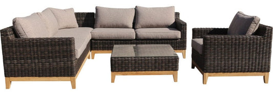 Courtyard Casual Courtyard Casual - Maywood Silver Oak with Teak 5 Piece Sectional Set with 1 Left Loveseat, 1 Right Loveseat, 1 Corner Chair with 1 Coffee Table and 1 Club Chair | 5853
