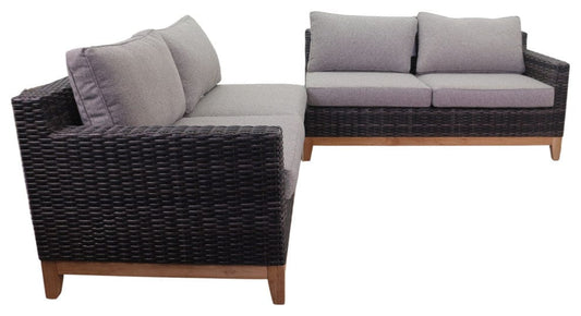 Courtyard Casual Courtyard Casual - Maywood Silver Oak with Teak 5 Piece Sectional Set with 1 Left Loveseat, 1 Right Loveseat, 1 Corner Chair with 1 Coffee Table and 1 Club Chair | 5853