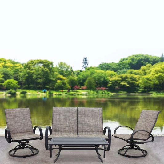 Courtyard Casual Courtyard Casual - Santa Fe 4 pc Loveseat Glider Set in Java with 1 Loveseat Glider, 1 Coffee Table and 2 Swivel Rockers | 5685