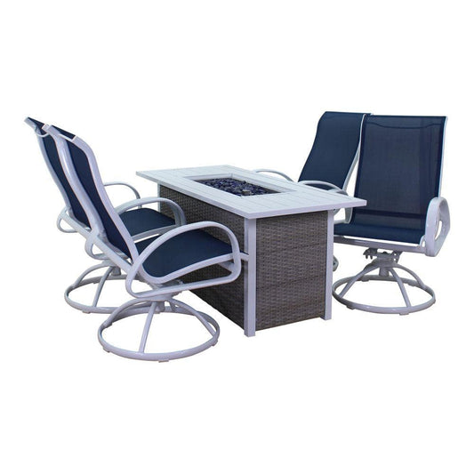 Courtyard Casual Courtyard Casual - Santa Fe 5 pc Fire Pit Set in White with 1 Rectangle Fire Pit and 4 Sling Swivel Rockers | 5628